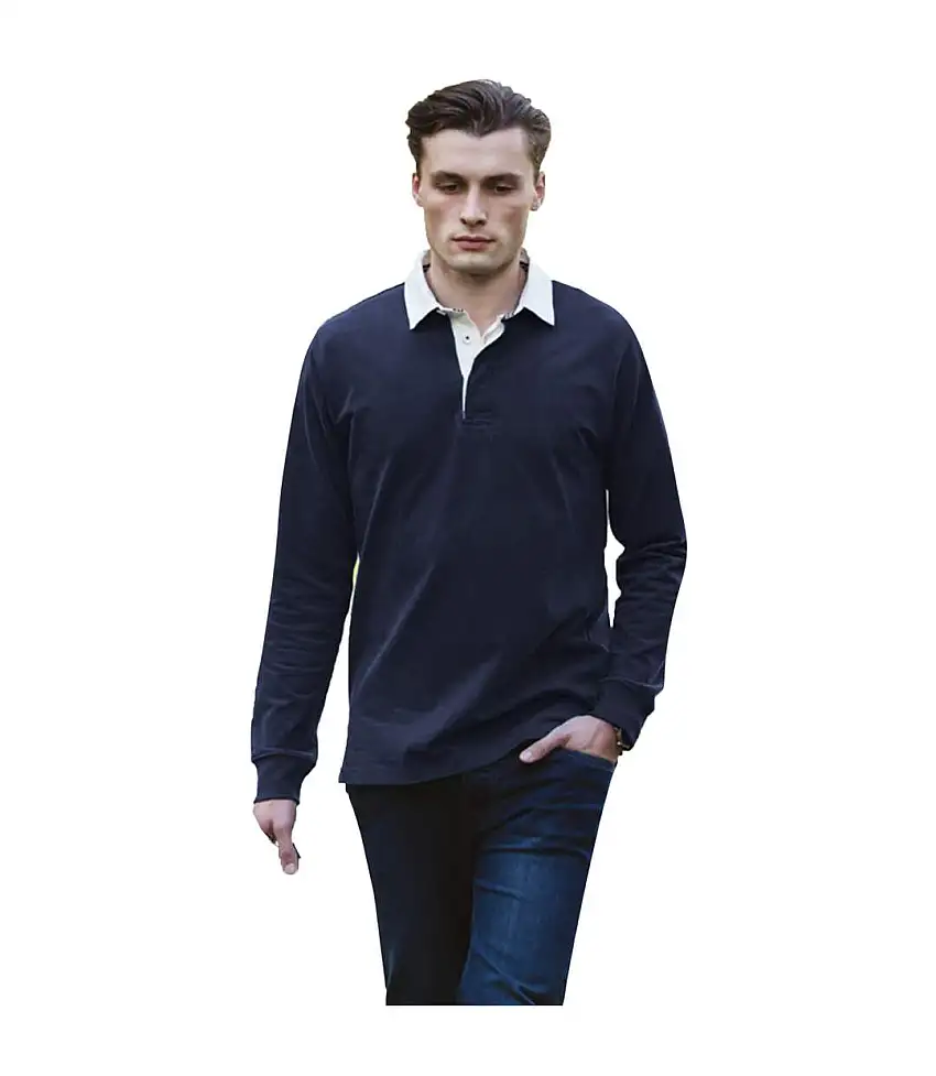 Mens Premium Long Sleeve Rugby Shirt/top Navy Front Row