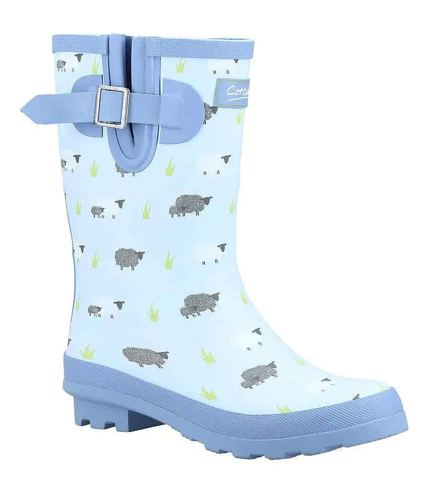 Womens/ladies Farmyard Sheep Mid Calf Wellington Boots Blue Cotswold
