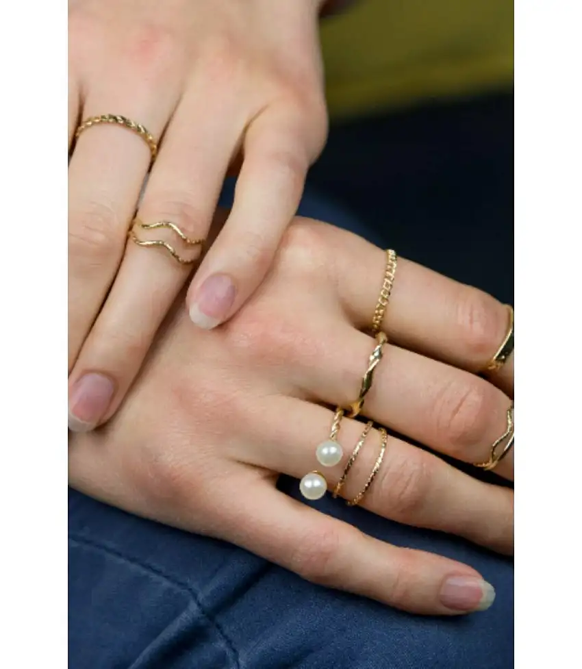 10 Piece Pearl Boho Silver Gold Stackable Vintage Tribal Midi Ring Set