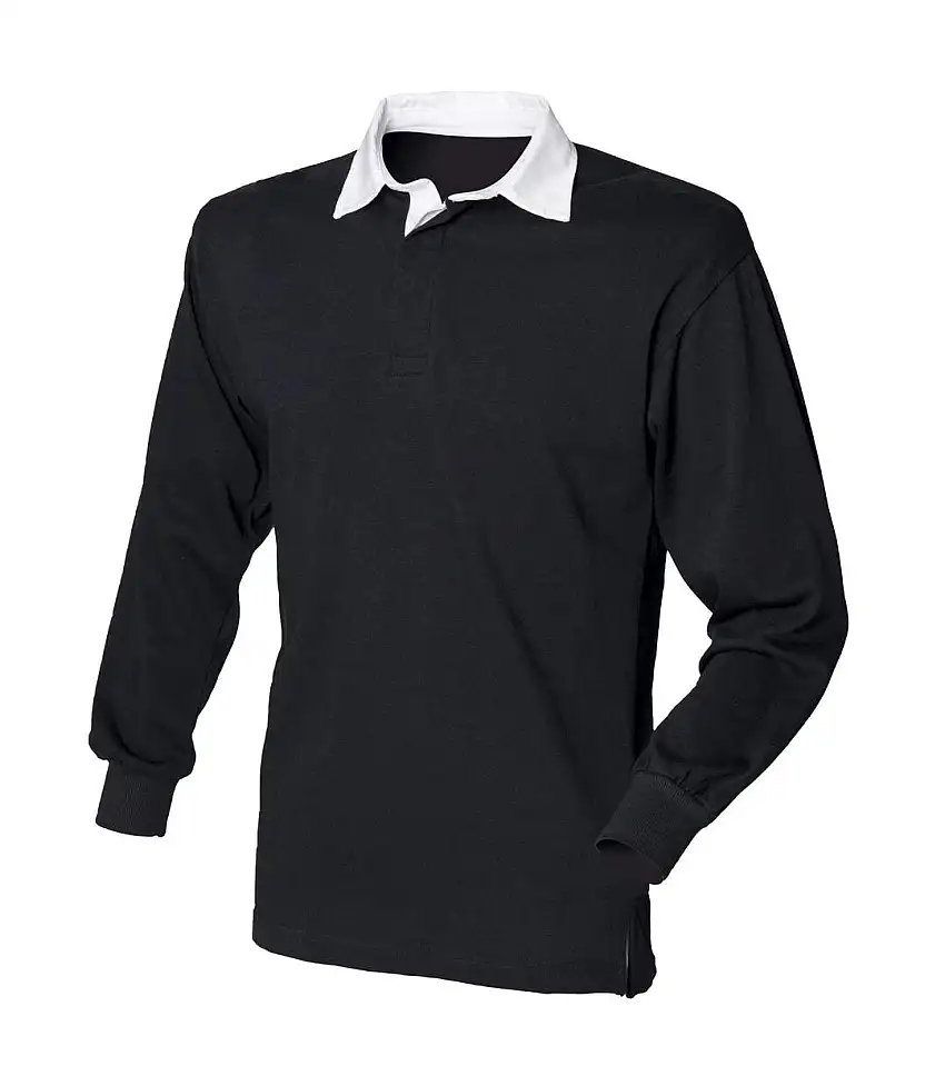 Long Sleeve Classic Rugby Polo Shirt Black White Front Row
