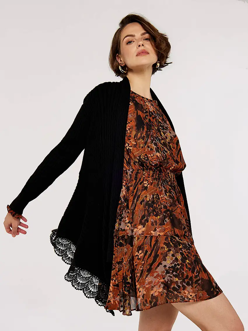 Crochet Lace Ribbed Waterfall Cardigan Black