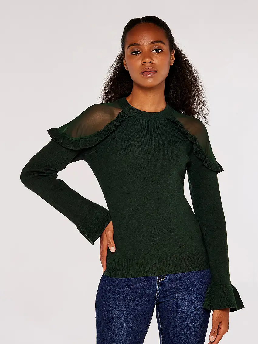 Mesh Ruffle Shoulder Jumper Green