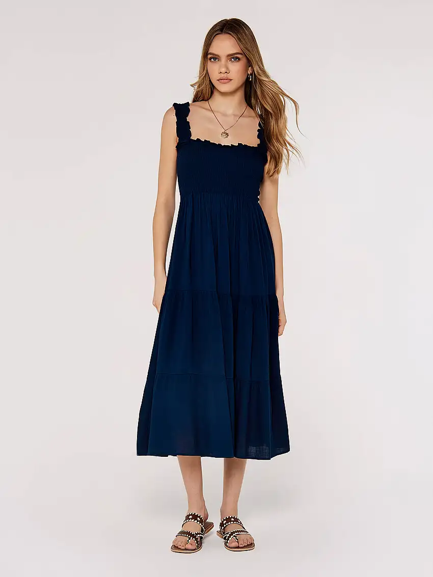 Smock Tiered Midi Dress Navy