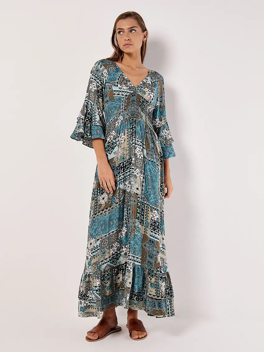 Patchwork Scarf Print Maxi Dress Blue