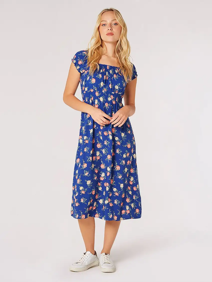 Vintage Rose Milkmaid Midi Dress Blue