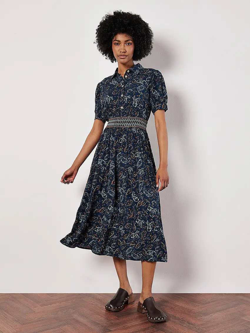 Paisley Shirt Midi Dress Navy