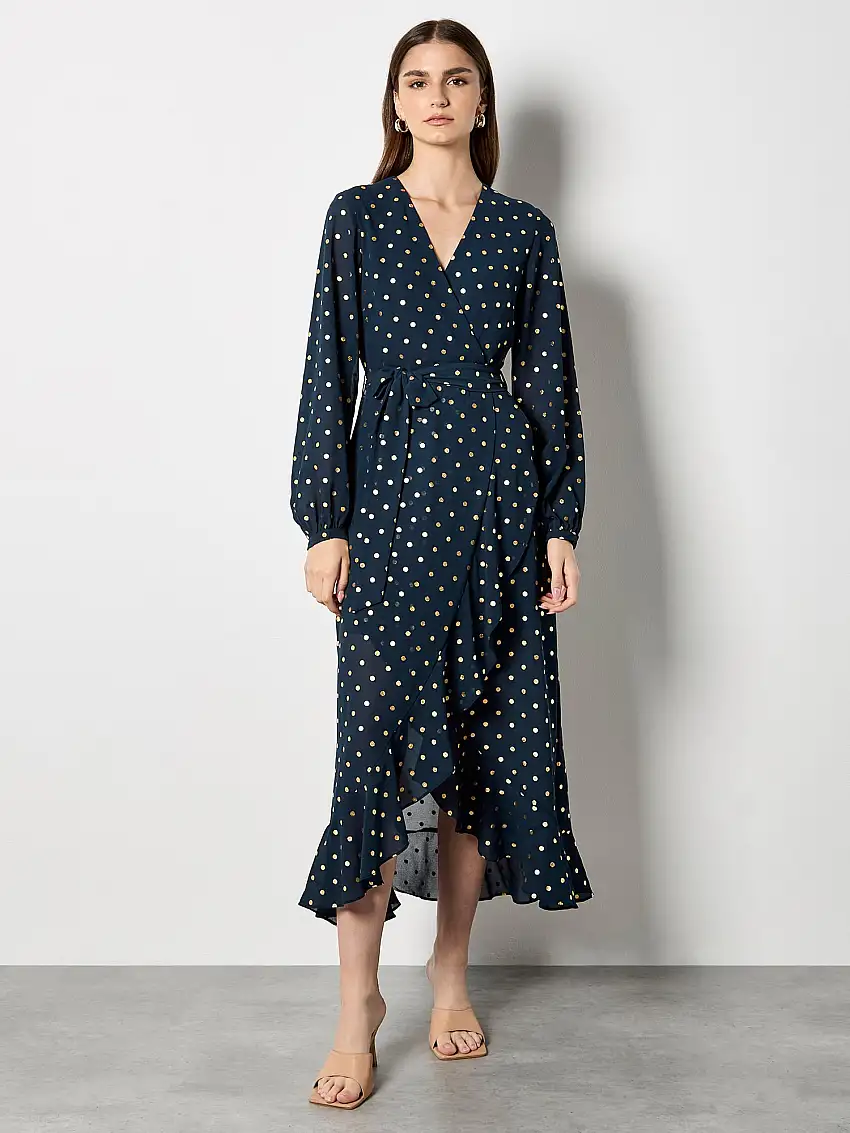 Gold Foil Polka Dot Chiffon Maxi Dress Navy