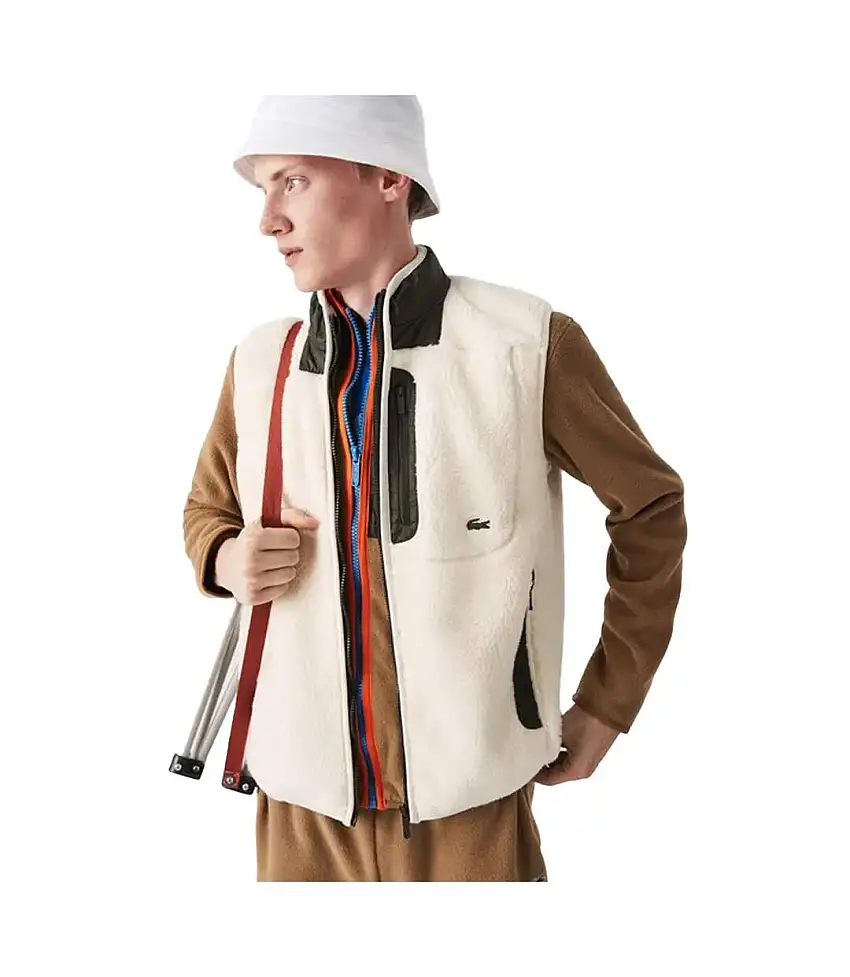 Mens Sherpa Fleece Gilet Cream Lacoste