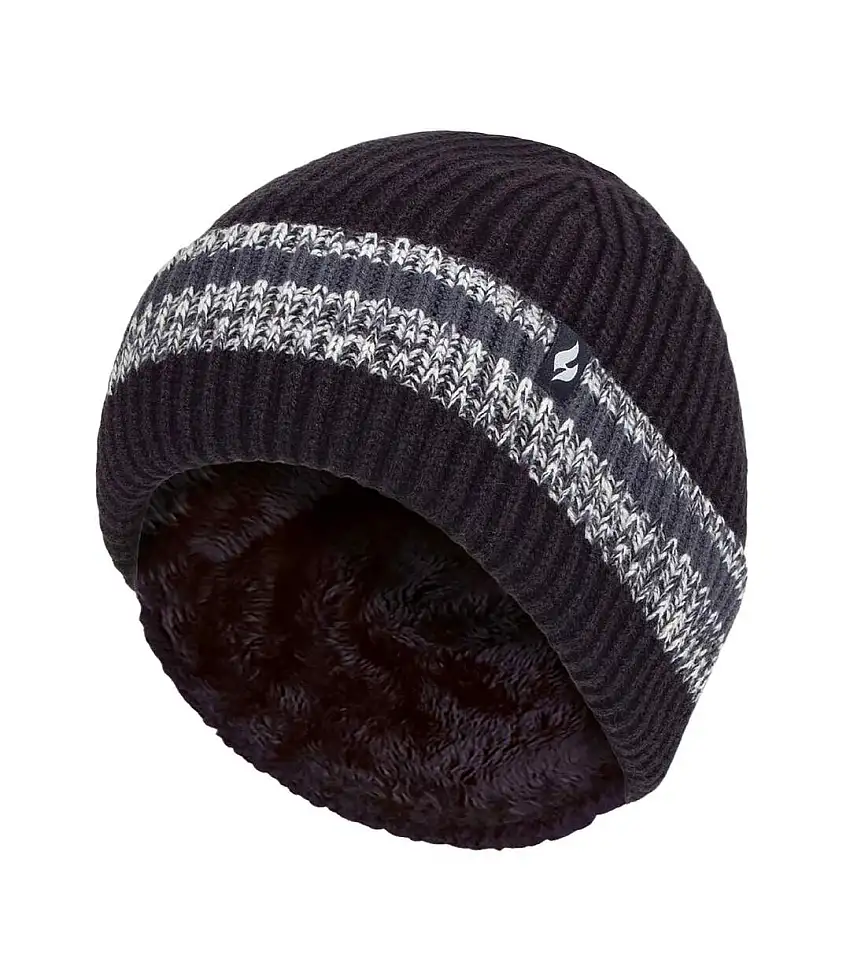 Mens Striped Turnover Cuff Knitted Thermal Beanie Hat for Winter