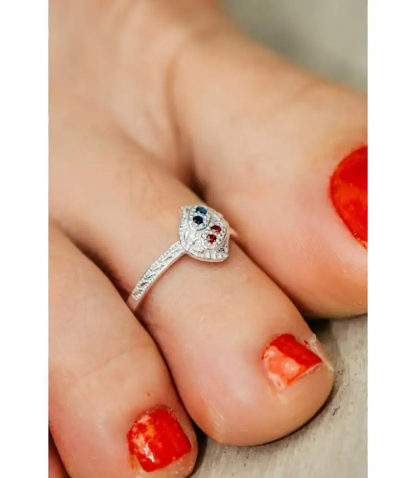 1 Pcs 925 Silver Colourful Green Red Zircon Boho Indian Bichiya Toe Ring