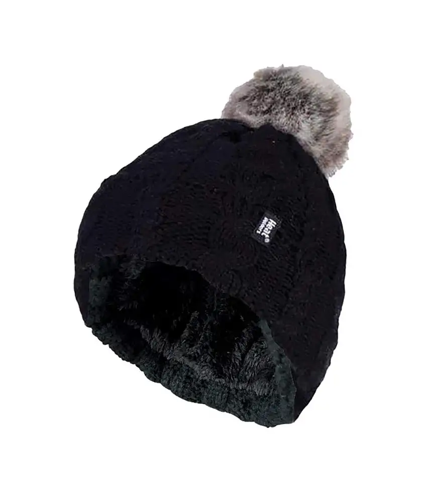 Ladies Cable Knit Fleece Lined Thermal Winter Bobble Hat with Pom Pom